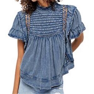 EUC Free People Le Femme Denim ruffled top